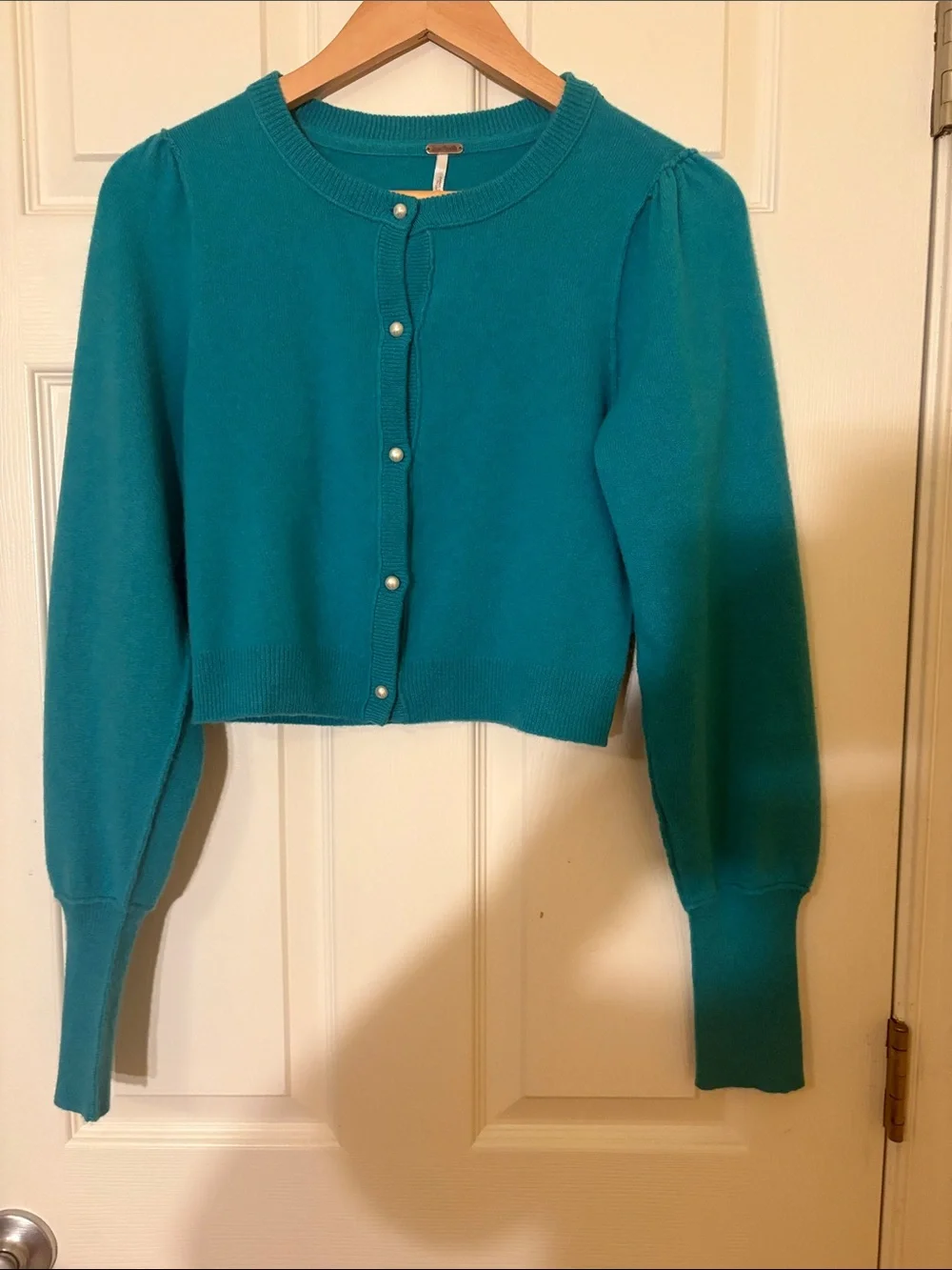 Free People Teal Pearl-Button Cropped Cardigan